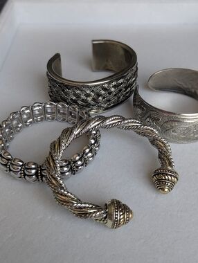 Silver Tone Cuff Bracelet Set – 4 Piece Stack (Twisted, Woven, Etched & Beaded)